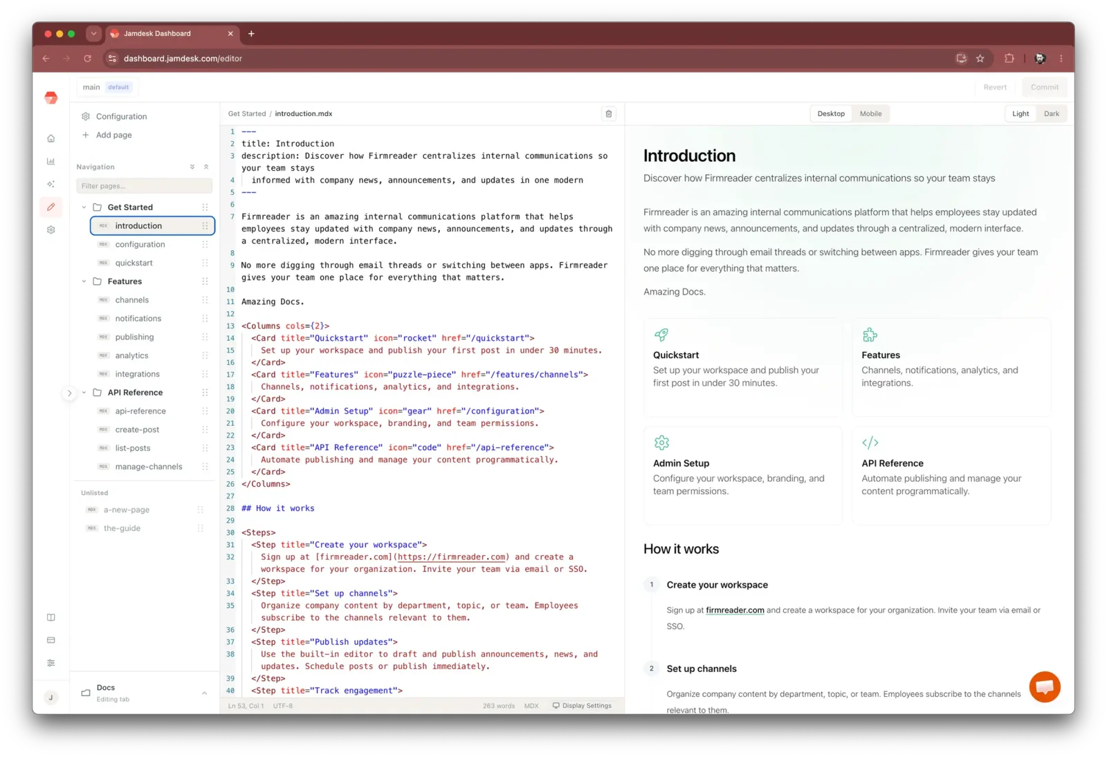 The Jamdesk web editor: page navigation on the left, the MDX editor in the center, and a live preview on the right
