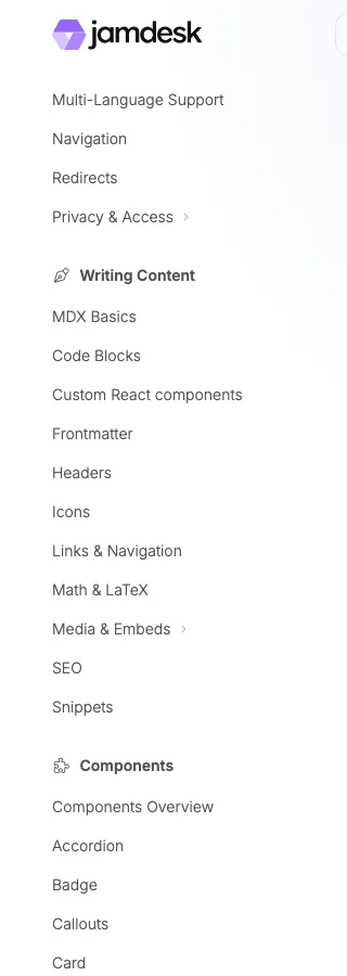 Sidebar with the 'Privacy & Access' group collapsed: chevron points right, child pages hidden