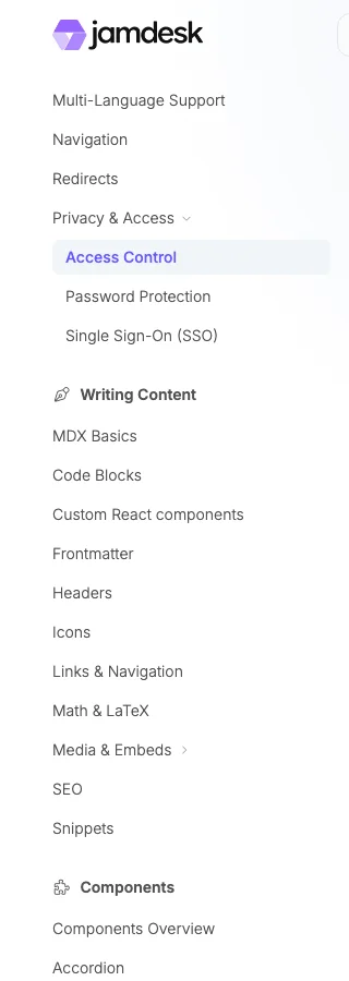 Sidebar with the 'Privacy & Access' group expanded: chevron rotated down, three child pages visible below