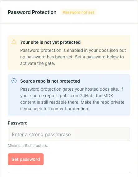 Password Protection card showing 'Password not set' state with warning alert and Set password button