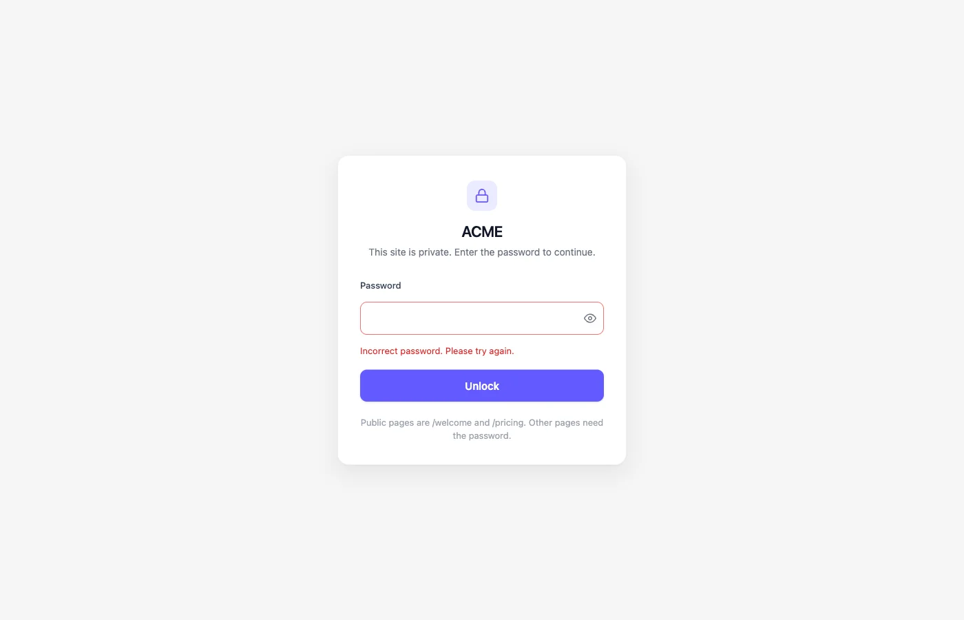 Unlock screen after a failed attempt, with 'Incorrect password. Please try again.' in red