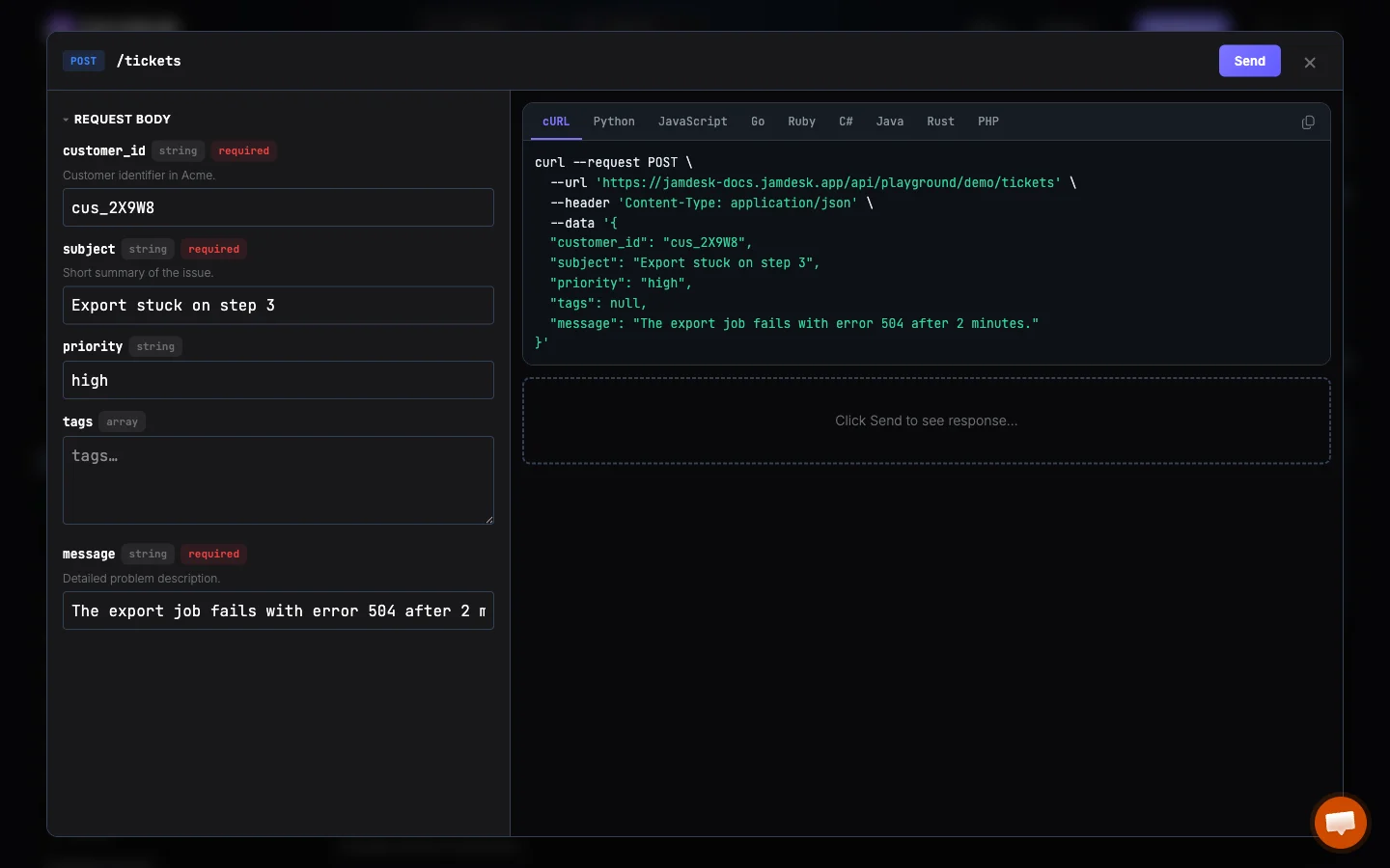 API playground modal showing parameter form on the left and live code examples on the right