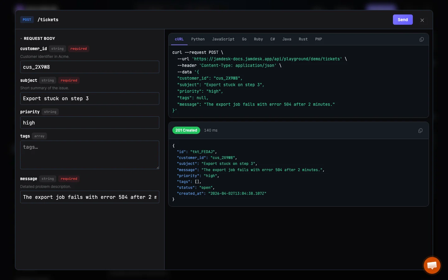API playground showing a 201 Created response with JSON body after sending a request